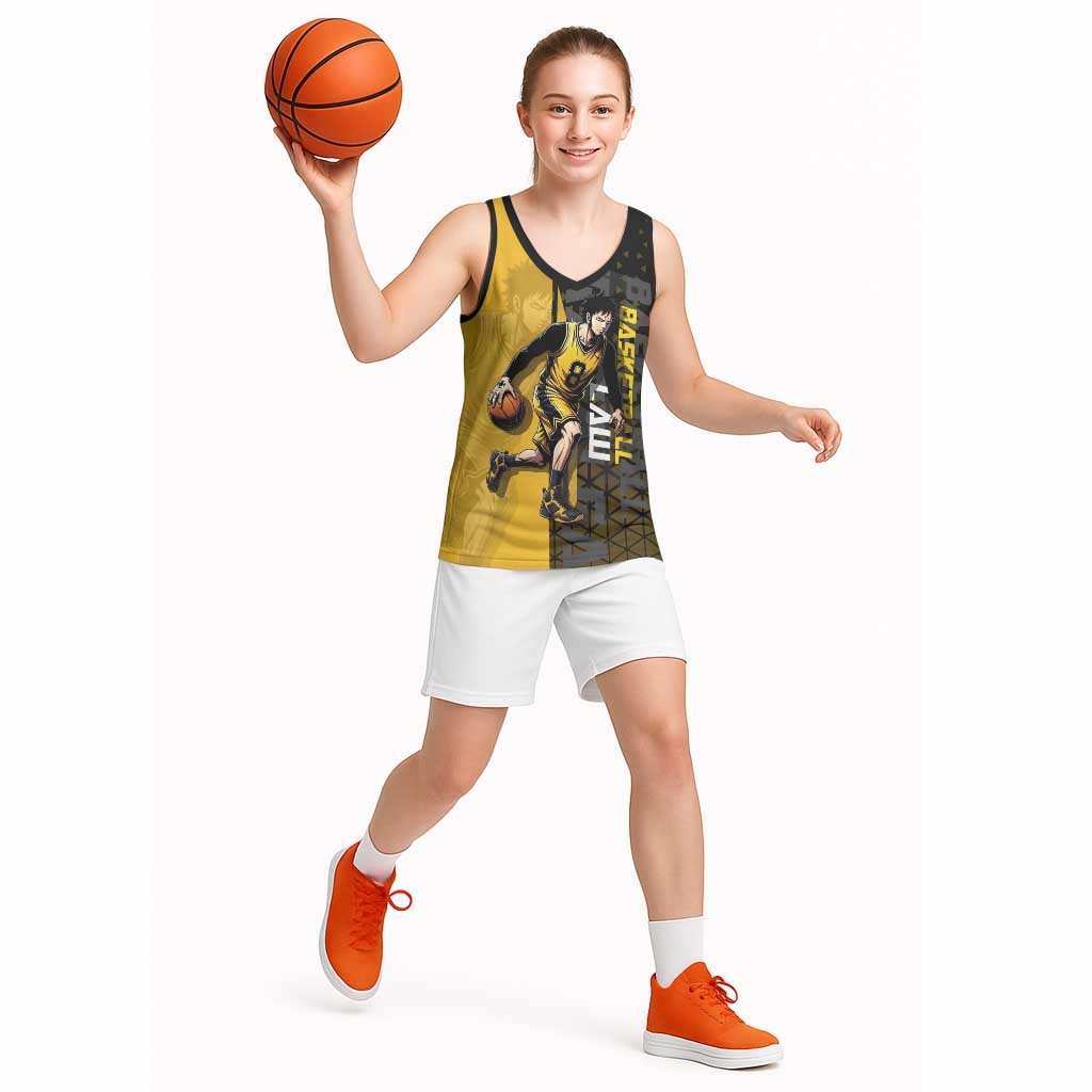 Trafalgar Law One Piece Basketball Theme Yellow and Black Design Basketball Jersey with Heart Pirates Emblem and Action Pose - The Mazicc