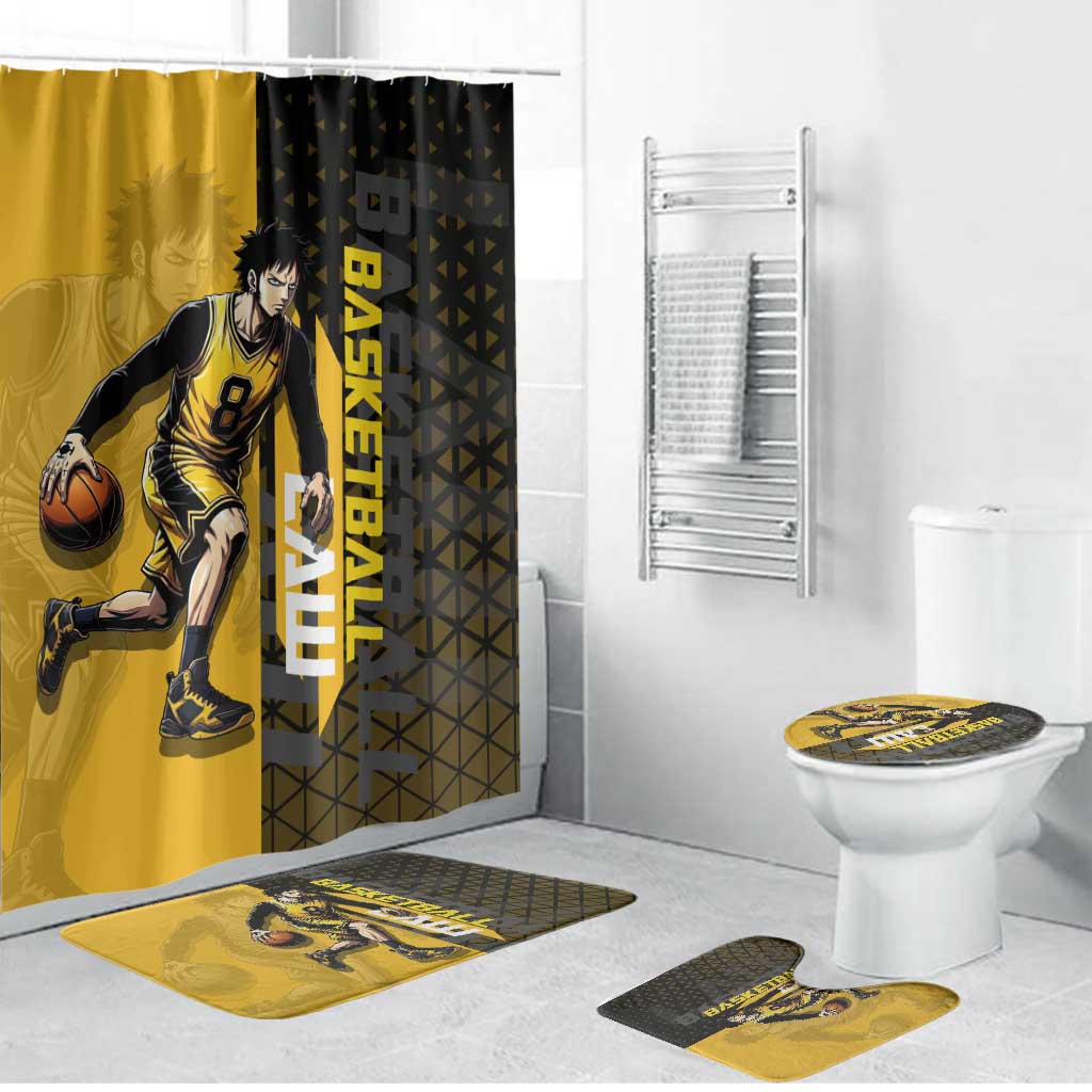 Trafalgar Law One Piece Basketball Theme Yellow and Black Design Bathroom Set with Heart Pirates Emblem and Action Pose - The Mazicc