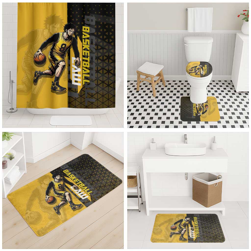 Trafalgar Law One Piece Basketball Theme Yellow and Black Design Bathroom Set with Heart Pirates Emblem and Action Pose - The Mazicc