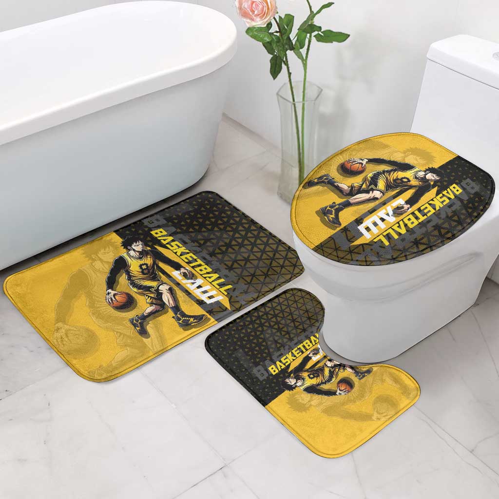 Trafalgar Law One Piece Basketball Theme Yellow and Black Design Bathroom Set with Heart Pirates Emblem and Action Pose - The Mazicc