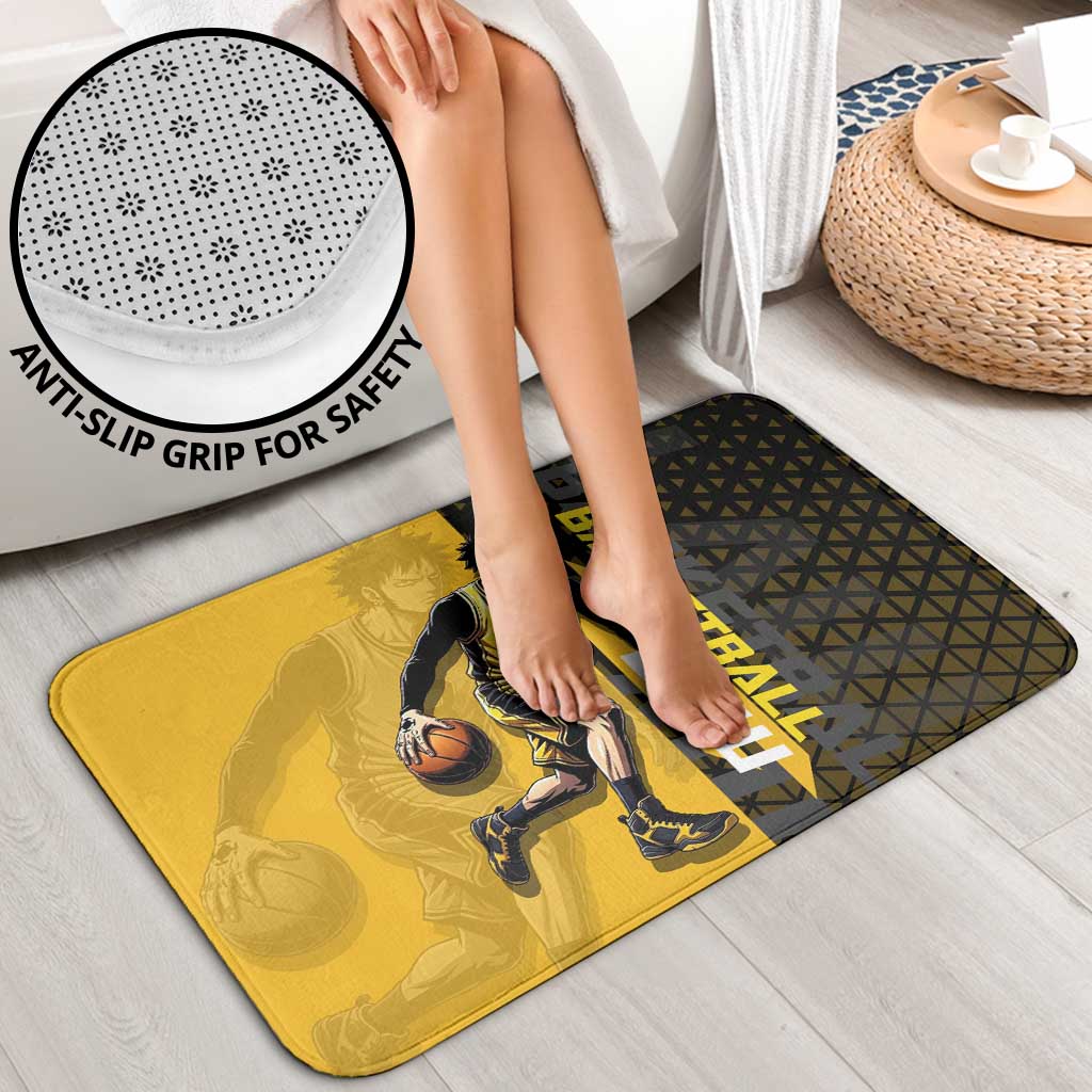 Trafalgar Law One Piece Basketball Theme Yellow and Black Design Bathroom Set with Heart Pirates Emblem and Action Pose - The Mazicc