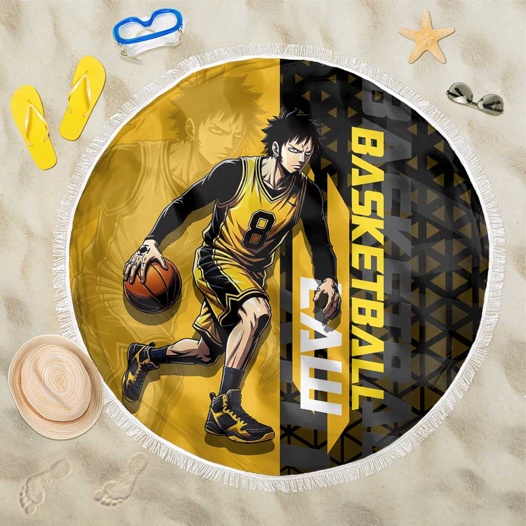 Trafalgar Law One Piece Basketball Theme Yellow and Black Design Beach Blanket with Heart Pirates Emblem and Action Pose - The Mazicc