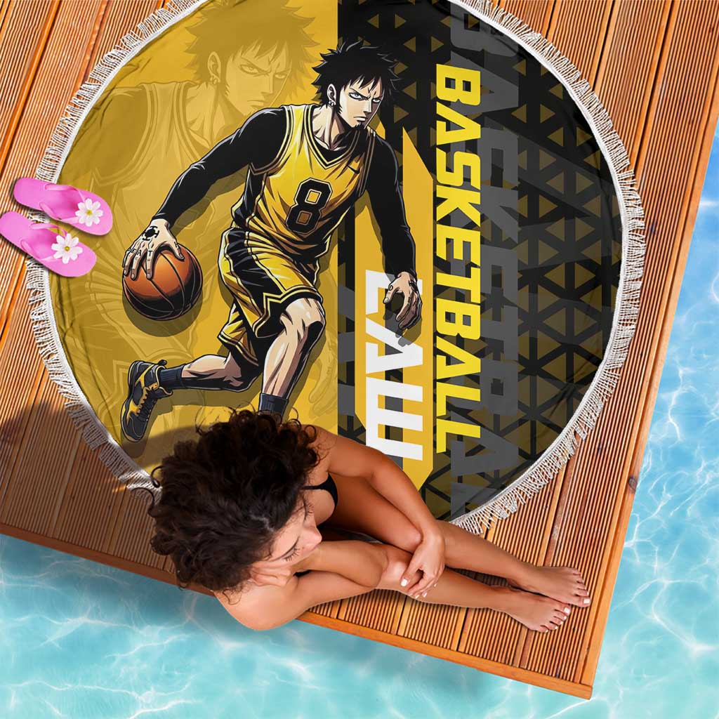 Trafalgar Law One Piece Basketball Theme Yellow and Black Design Beach Blanket with Heart Pirates Emblem and Action Pose - The Mazicc