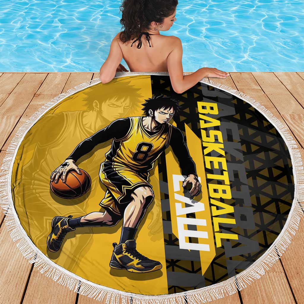 Trafalgar Law One Piece Basketball Theme Yellow and Black Design Beach Blanket with Heart Pirates Emblem and Action Pose - The Mazicc