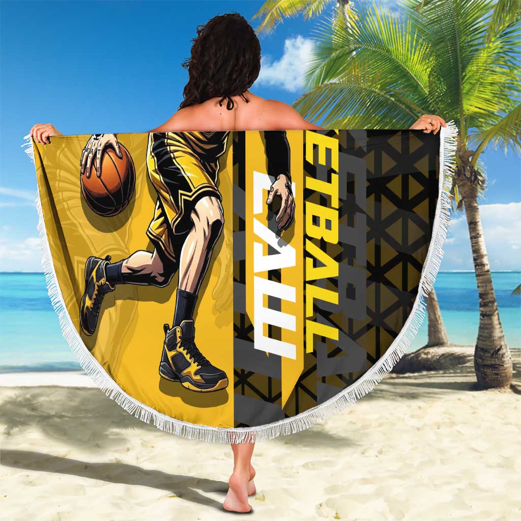 Trafalgar Law One Piece Basketball Theme Yellow and Black Design Beach Blanket with Heart Pirates Emblem and Action Pose - The Mazicc