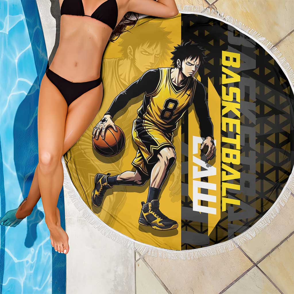 Trafalgar Law One Piece Basketball Theme Yellow and Black Design Beach Blanket with Heart Pirates Emblem and Action Pose - The Mazicc