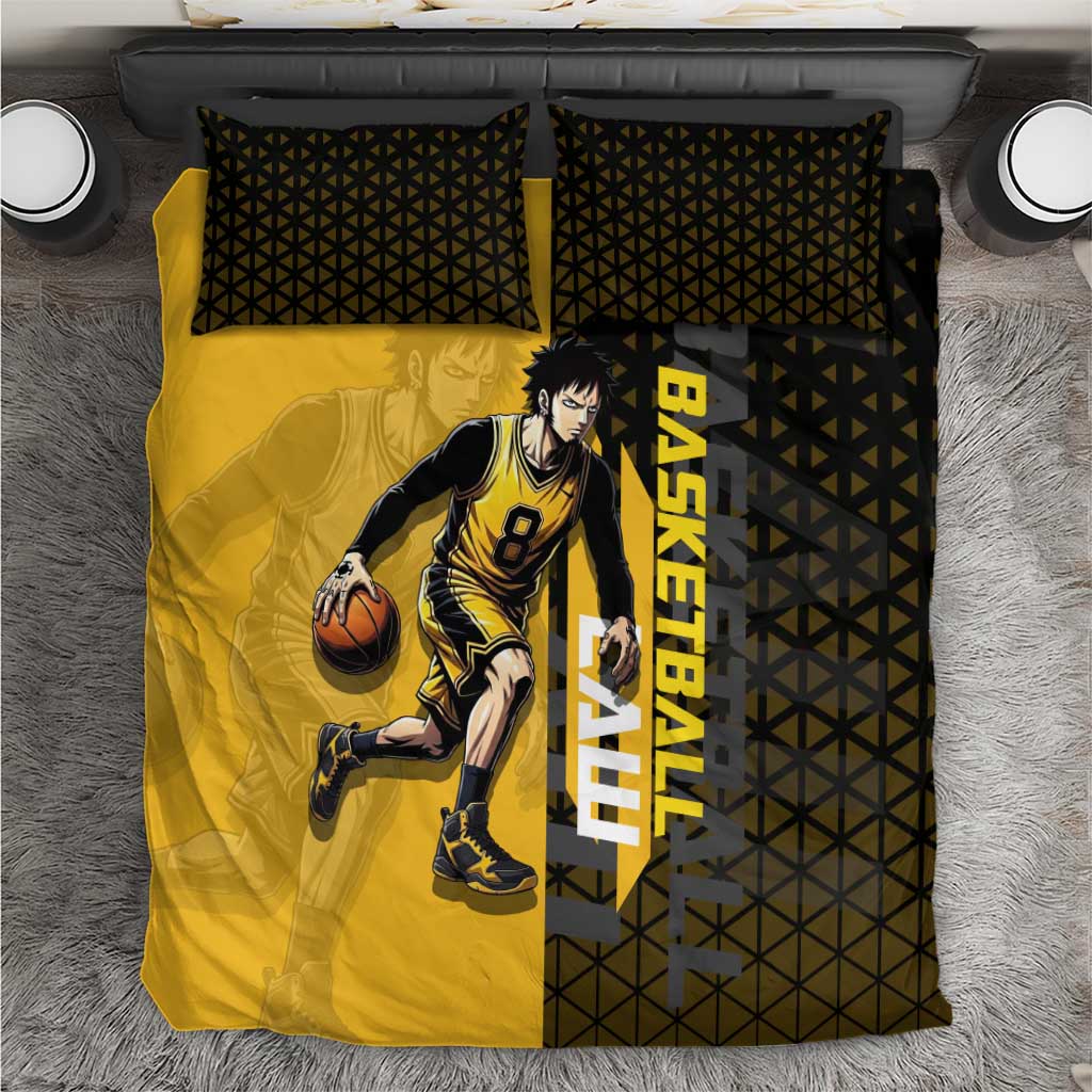 Trafalgar Law One Piece Basketball Theme Yellow and Black Design Bedding Set with Heart Pirates Emblem and Action Pose - The Mazicc