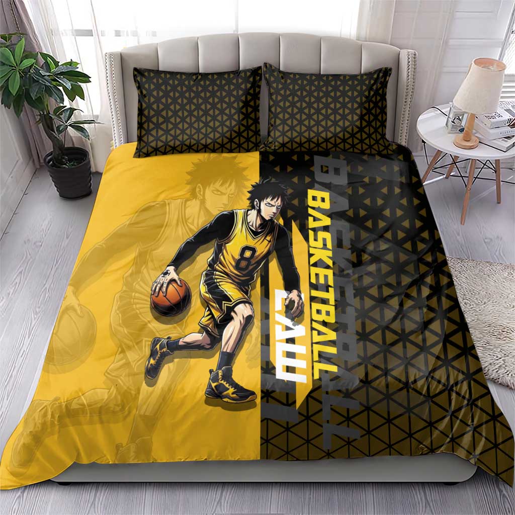 Trafalgar Law One Piece Basketball Theme Yellow and Black Design Bedding Set with Heart Pirates Emblem and Action Pose - The Mazicc