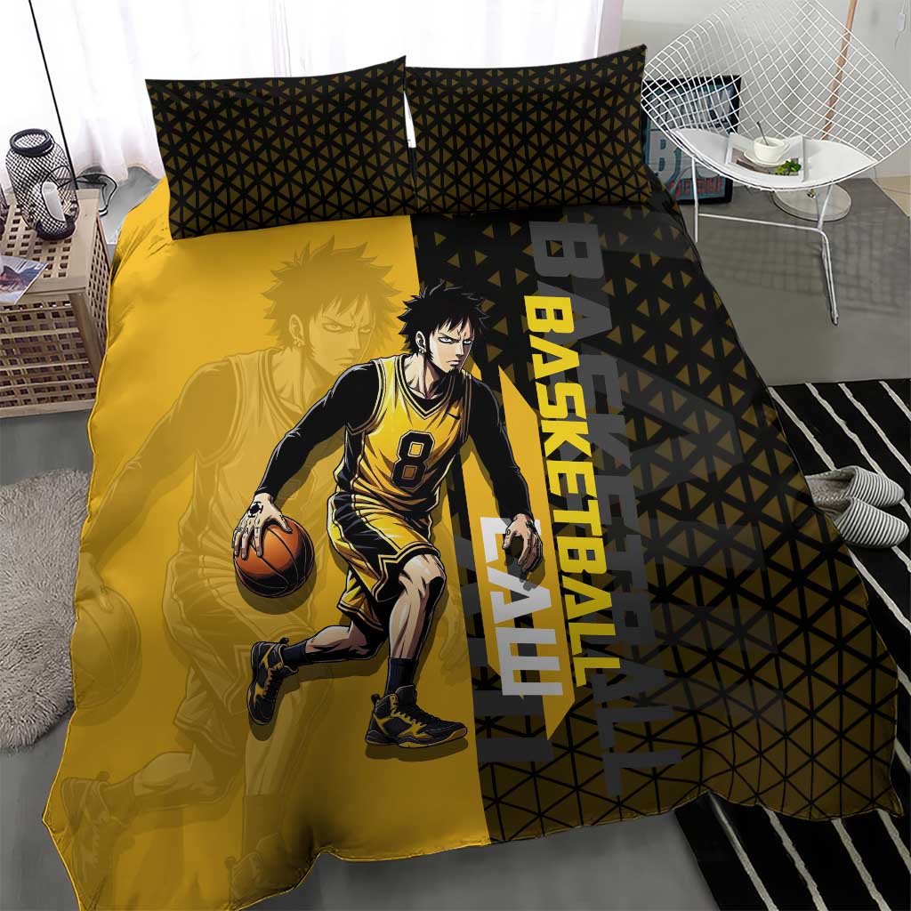 Trafalgar Law One Piece Basketball Theme Yellow and Black Design Bedding Set with Heart Pirates Emblem and Action Pose - The Mazicc