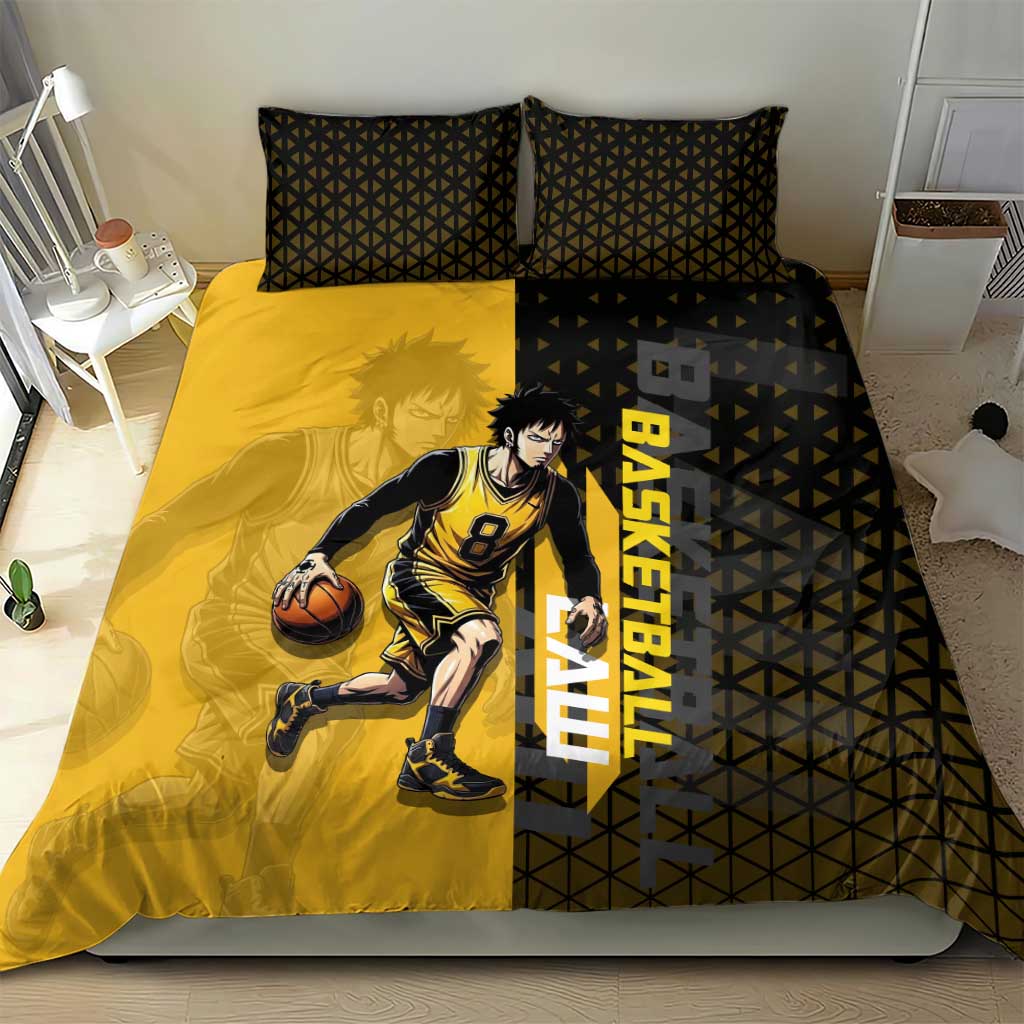 Trafalgar Law One Piece Basketball Theme Yellow and Black Design Bedding Set with Heart Pirates Emblem and Action Pose - The Mazicc