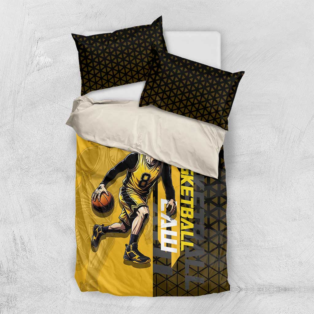Trafalgar Law One Piece Basketball Theme Yellow and Black Design Bedding Set with Heart Pirates Emblem and Action Pose - The Mazicc