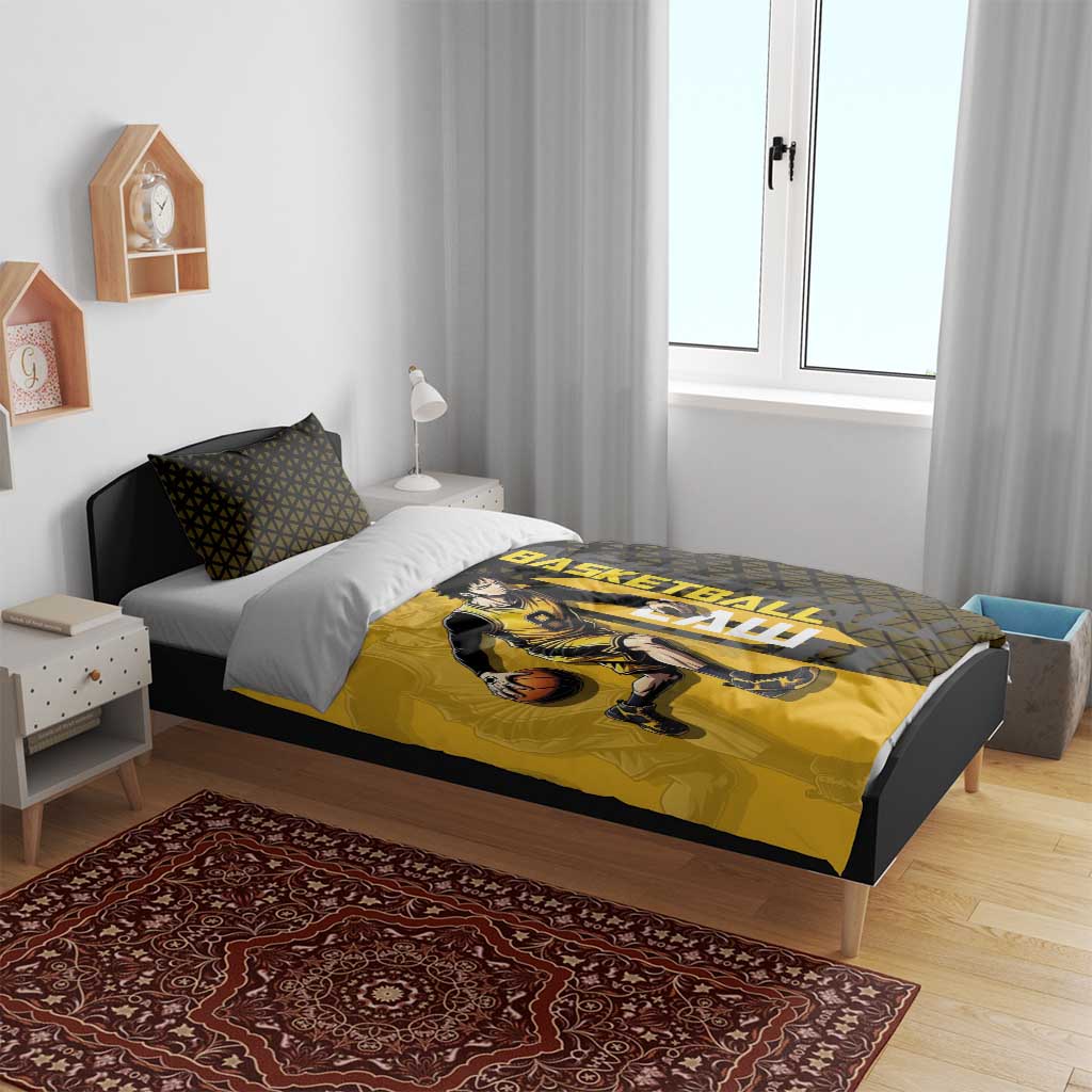 Trafalgar Law One Piece Basketball Theme Yellow and Black Design Bedding Set with Heart Pirates Emblem and Action Pose - The Mazicc