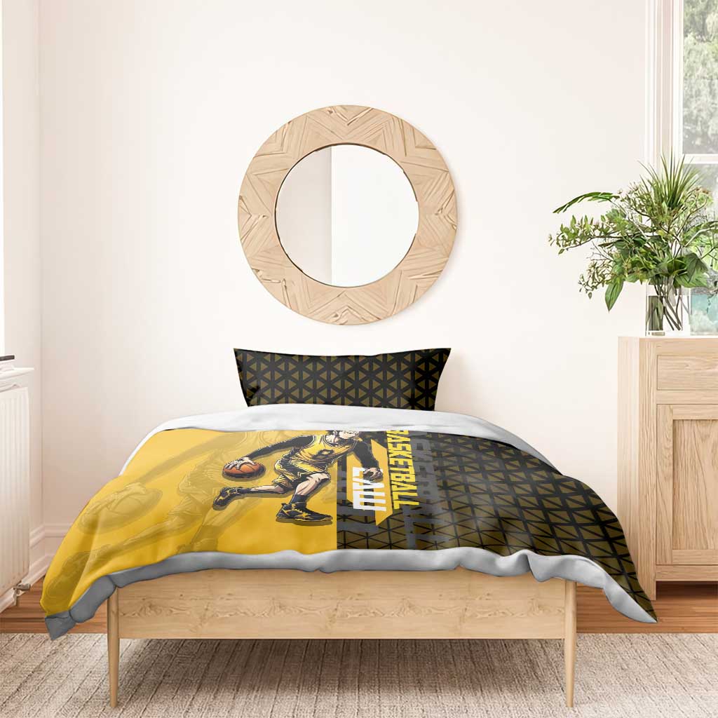 Trafalgar Law One Piece Basketball Theme Yellow and Black Design Bedding Set with Heart Pirates Emblem and Action Pose - The Mazicc