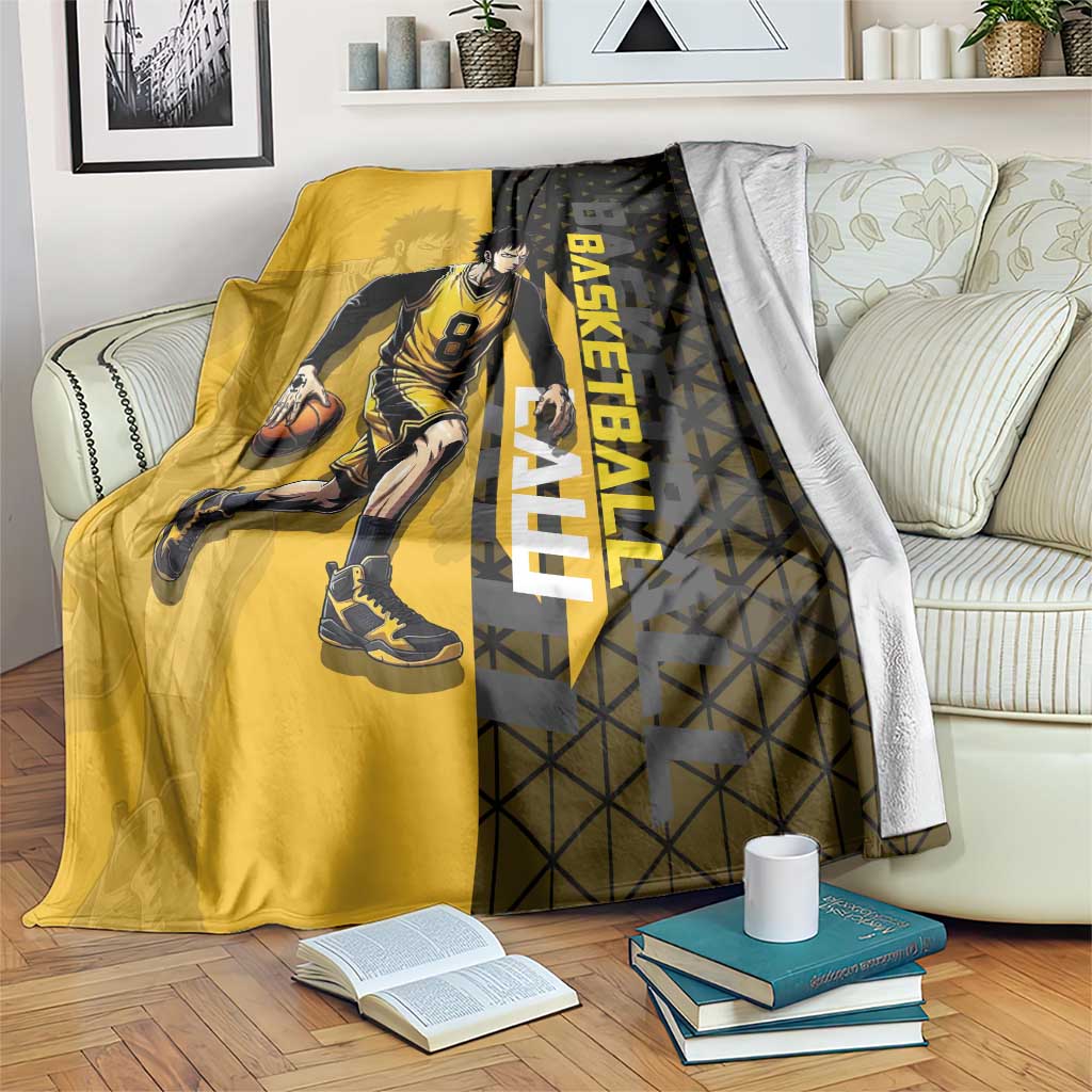 Trafalgar Law One Piece Basketball Theme Yellow and Black Design Blanket with Heart Pirates Emblem and Action Pose - The Mazicc