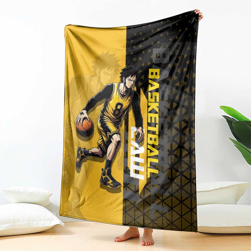 Trafalgar Law One Piece Basketball Theme Yellow and Black Design Blanket with Heart Pirates Emblem and Action Pose - The Mazicc