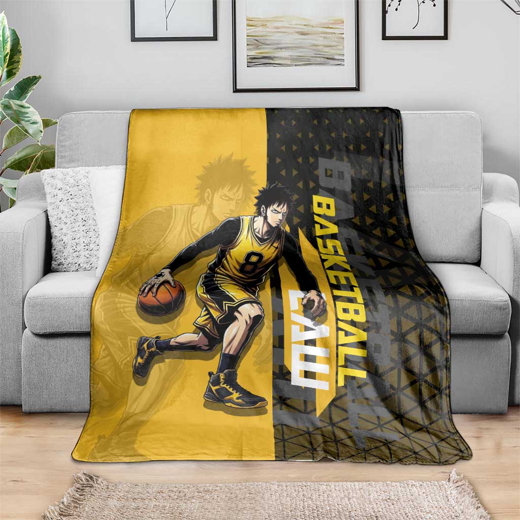 Trafalgar Law One Piece Basketball Theme Yellow and Black Design Blanket with Heart Pirates Emblem and Action Pose - The Mazicc