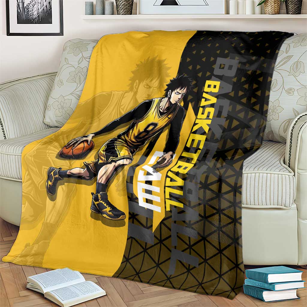 Trafalgar Law One Piece Basketball Theme Yellow and Black Design Blanket with Heart Pirates Emblem and Action Pose - The Mazicc