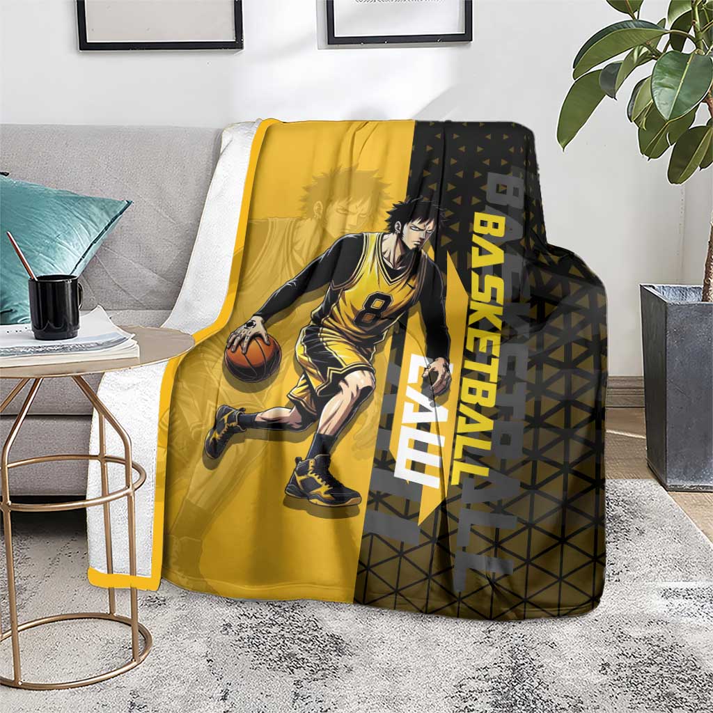 Trafalgar Law One Piece Basketball Theme Yellow and Black Design Blanket with Heart Pirates Emblem and Action Pose - The Mazicc