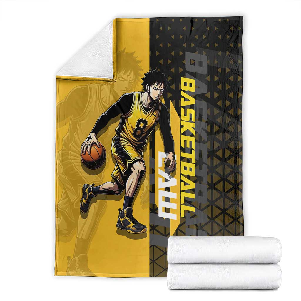 Trafalgar Law One Piece Basketball Theme Yellow and Black Design Blanket with Heart Pirates Emblem and Action Pose - The Mazicc