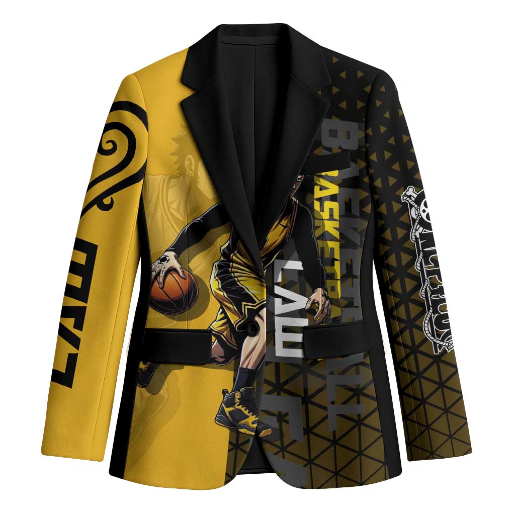 Trafalgar Law One Piece Basketball Theme Yellow and Black Design Blazer with Heart Pirates Emblem and Action Pose - The Mazicc