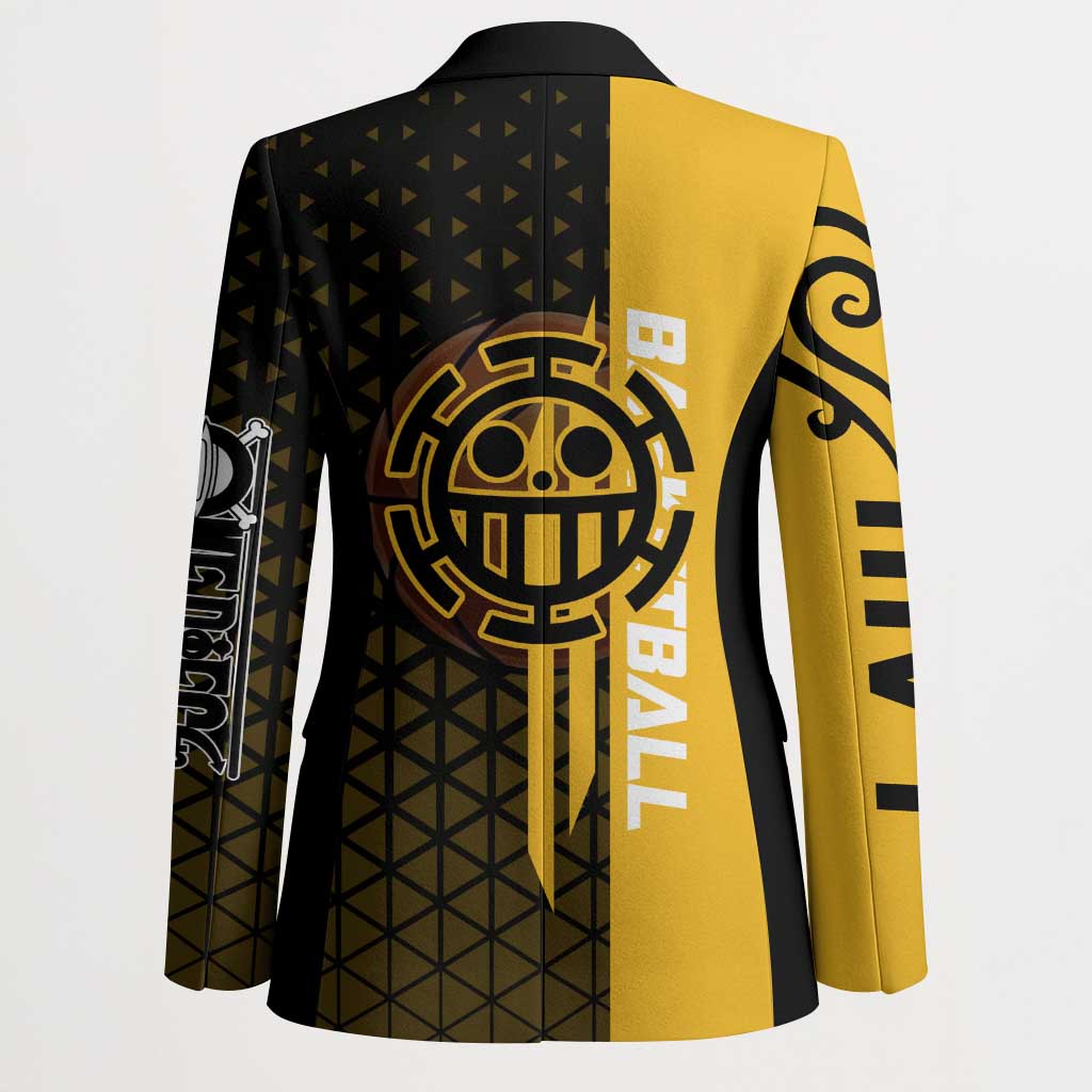 Trafalgar Law One Piece Basketball Theme Yellow and Black Design Blazer with Heart Pirates Emblem and Action Pose - The Mazicc