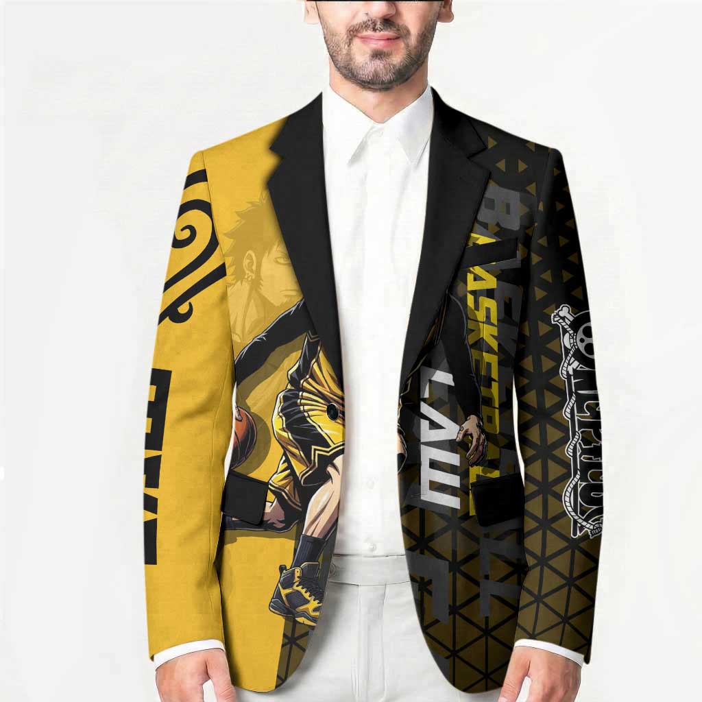 Trafalgar Law One Piece Basketball Theme Yellow and Black Design Blazer with Heart Pirates Emblem and Action Pose - The Mazicc