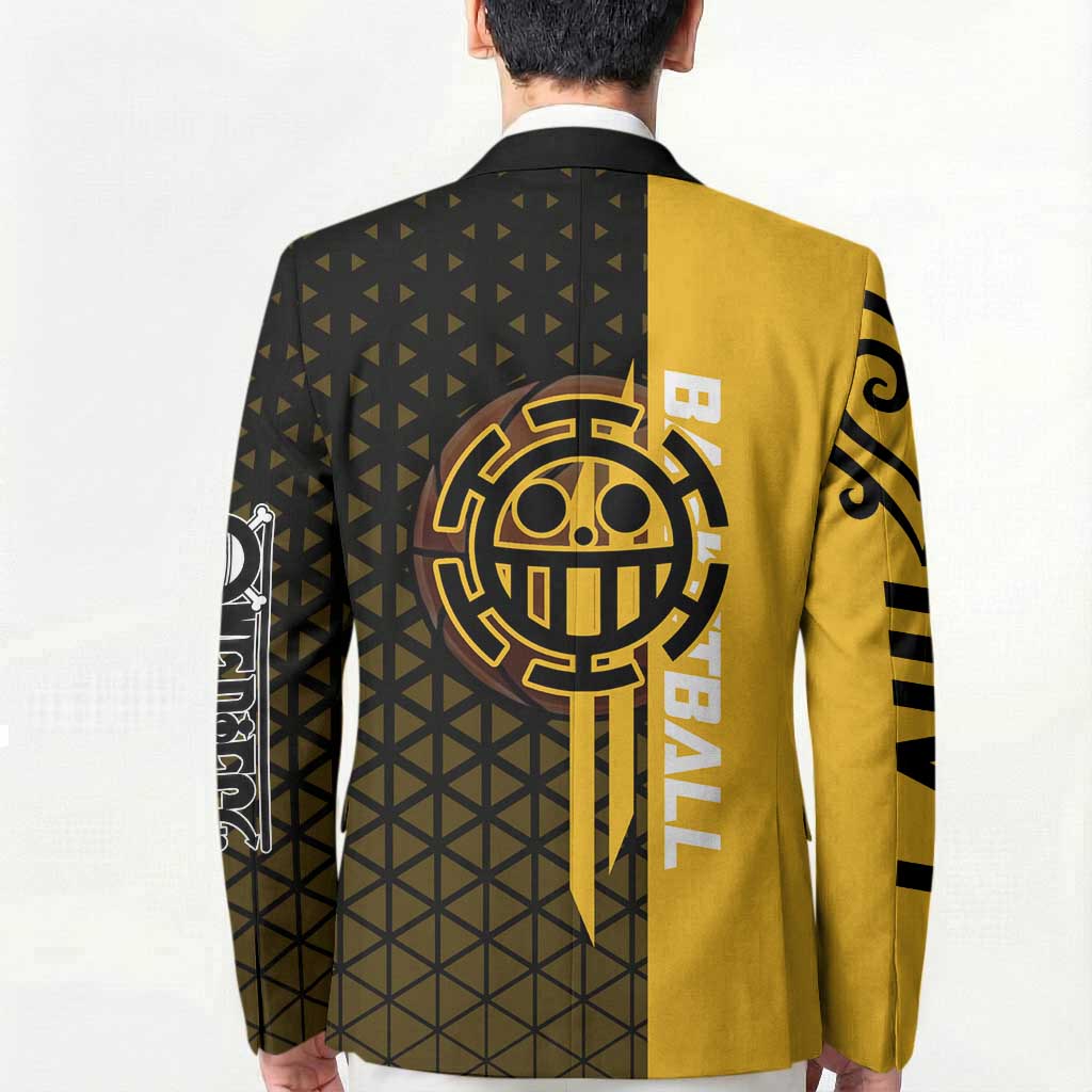 Trafalgar Law One Piece Basketball Theme Yellow and Black Design Blazer with Heart Pirates Emblem and Action Pose - The Mazicc