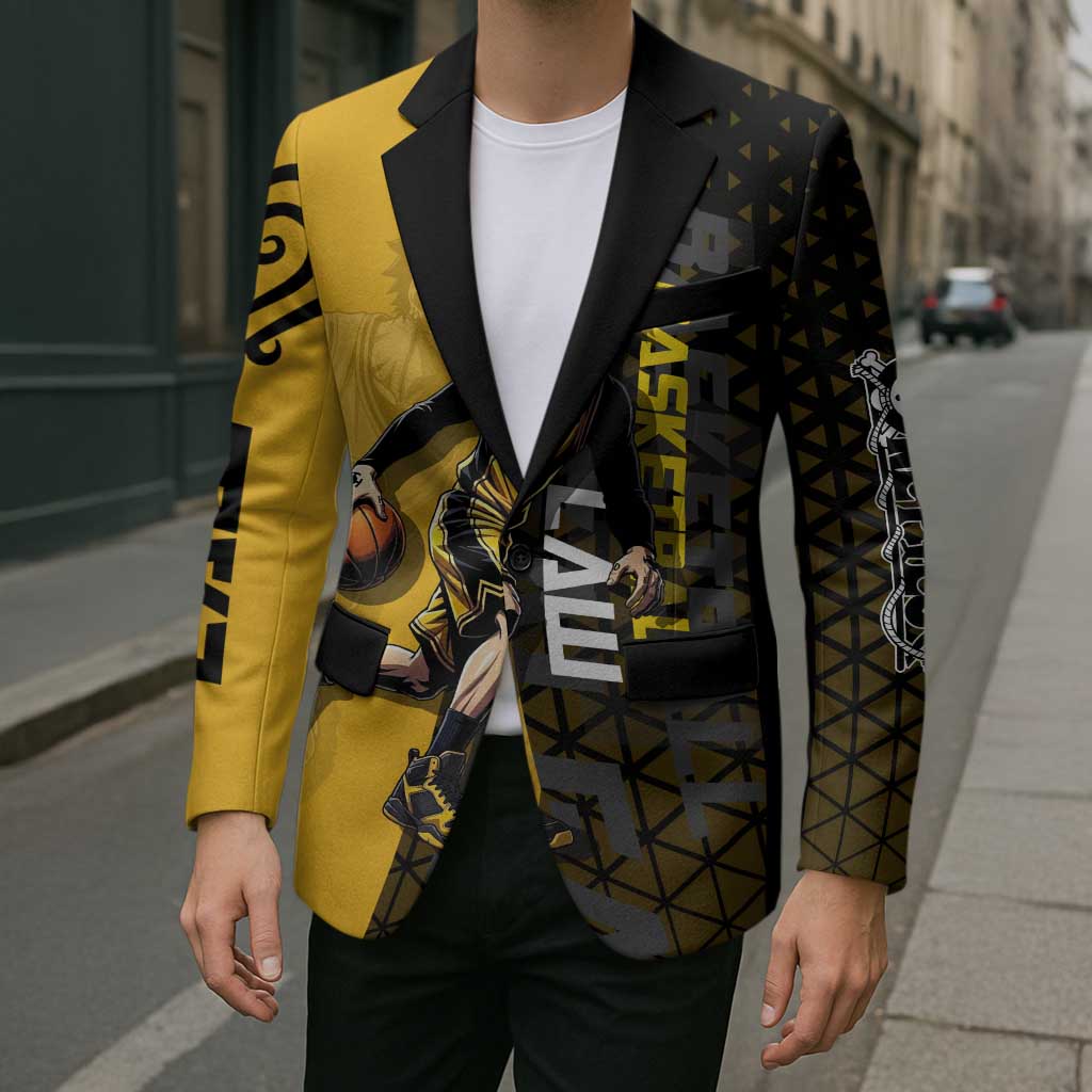 Trafalgar Law One Piece Basketball Theme Yellow and Black Design Blazer with Heart Pirates Emblem and Action Pose - The Mazicc