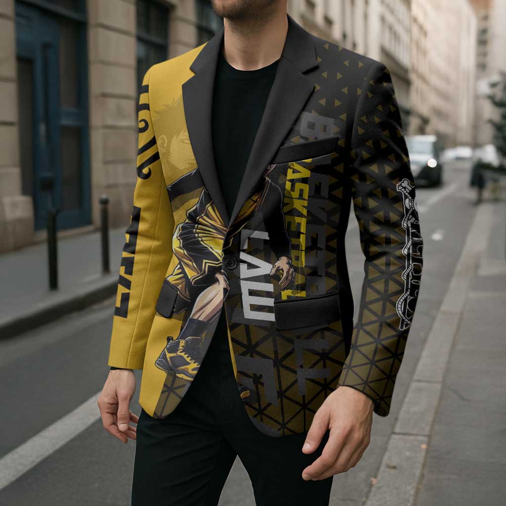 Trafalgar Law One Piece Basketball Theme Yellow and Black Design Blazer with Heart Pirates Emblem and Action Pose - The Mazicc