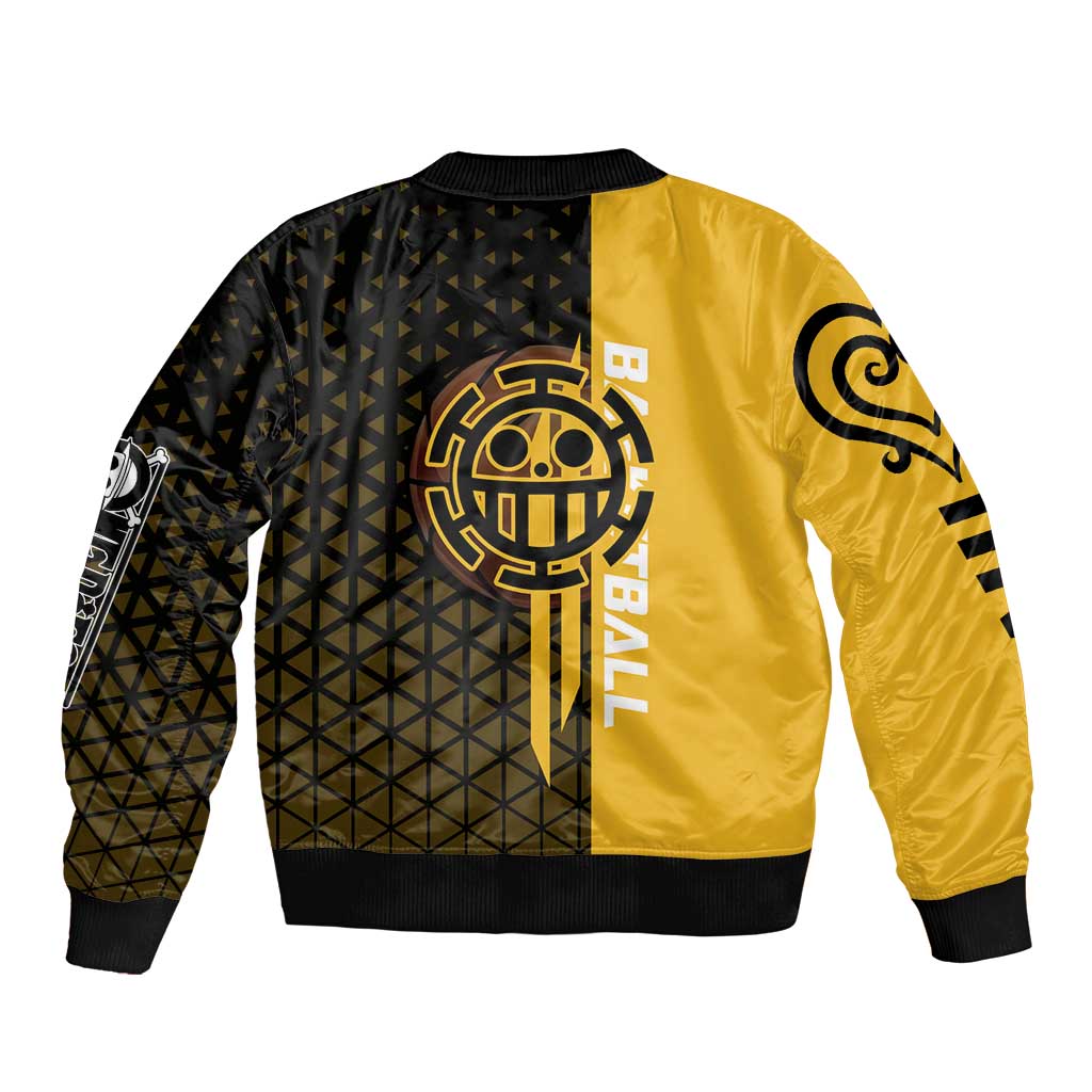 Trafalgar Law One Piece Basketball Theme Yellow and Black Design Bomber Jacket with Heart Pirates Emblem and Action Pose - The Mazicc