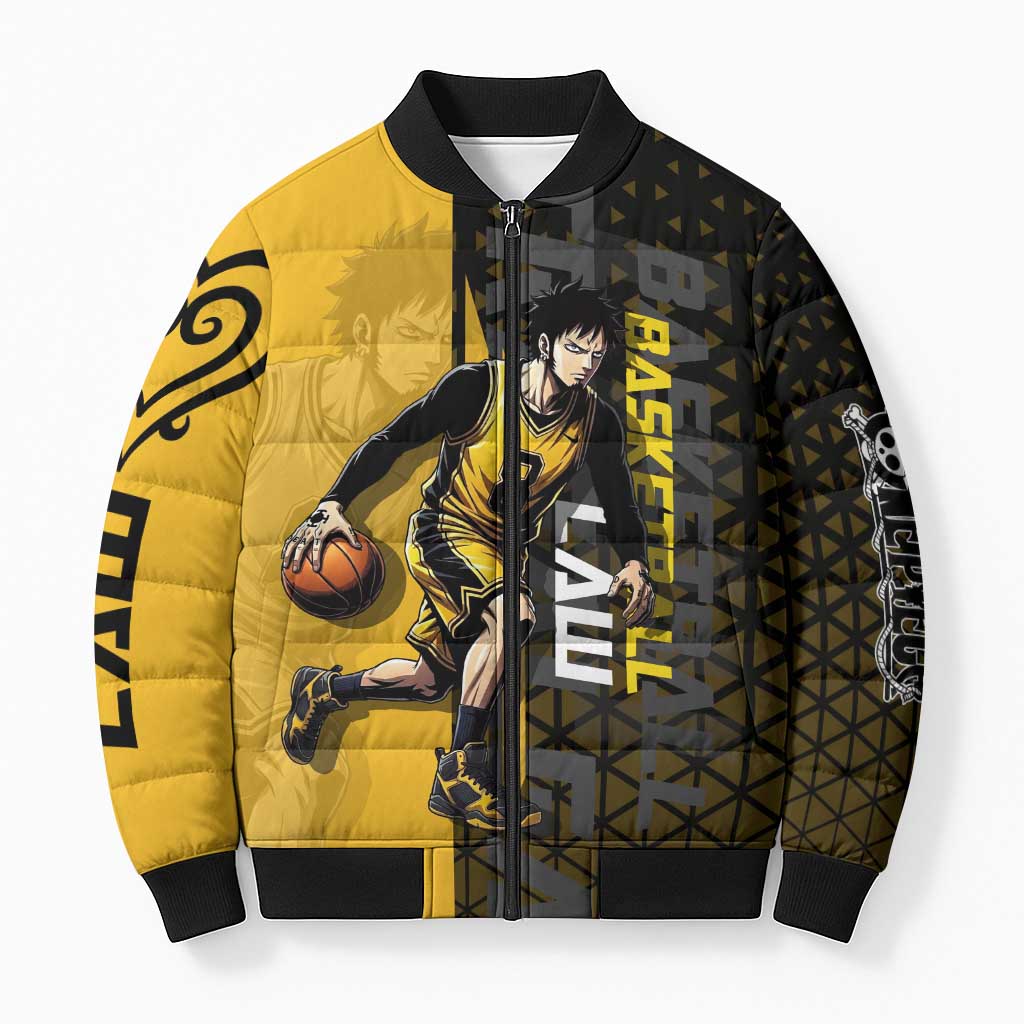 Trafalgar Law One Piece Basketball Theme Yellow and Black Design Bomber Puffer Jacket with Heart Pirates Emblem and Action Pose - The Mazicc