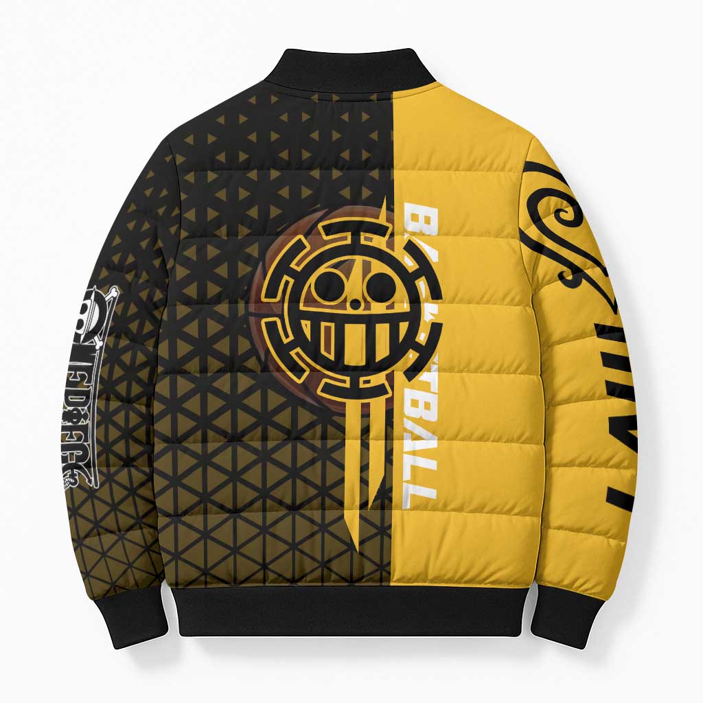Trafalgar Law One Piece Basketball Theme Yellow and Black Design Bomber Puffer Jacket with Heart Pirates Emblem and Action Pose - The Mazicc