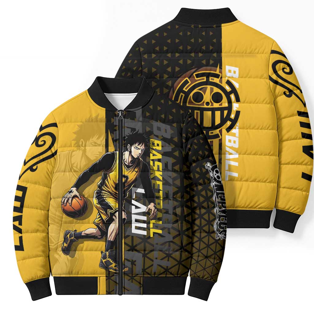Trafalgar Law One Piece Basketball Theme Yellow and Black Design Bomber Puffer Jacket with Heart Pirates Emblem and Action Pose - The Mazicc