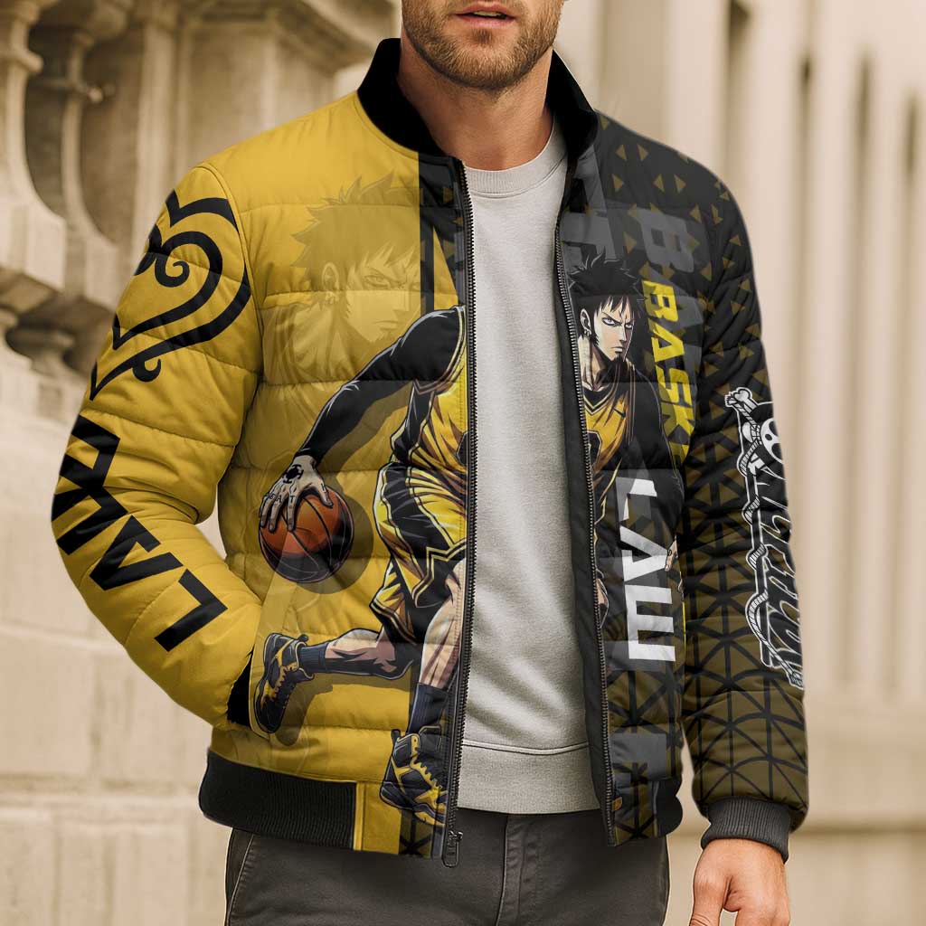 Trafalgar Law One Piece Basketball Theme Yellow and Black Design Bomber Puffer Jacket with Heart Pirates Emblem and Action Pose - The Mazicc