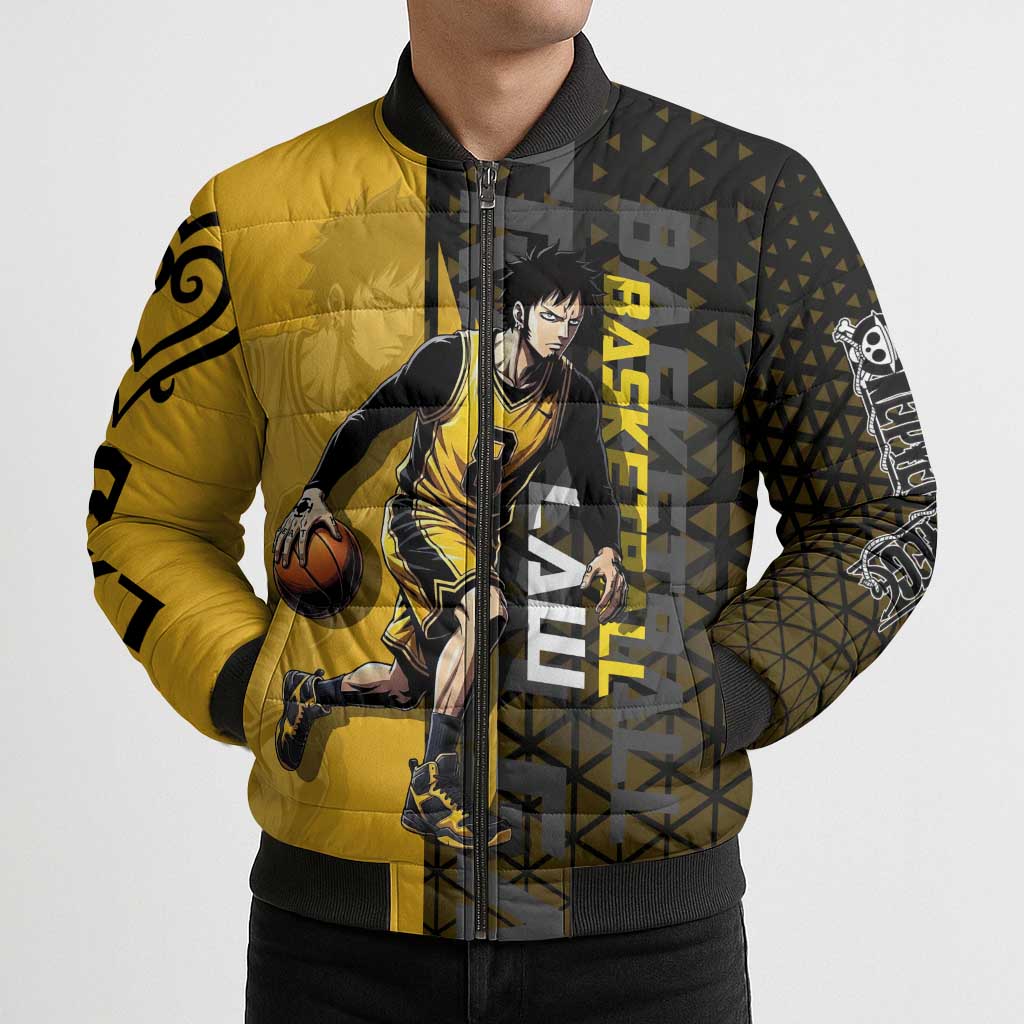 Trafalgar Law One Piece Basketball Theme Yellow and Black Design Bomber Puffer Jacket with Heart Pirates Emblem and Action Pose - The Mazicc