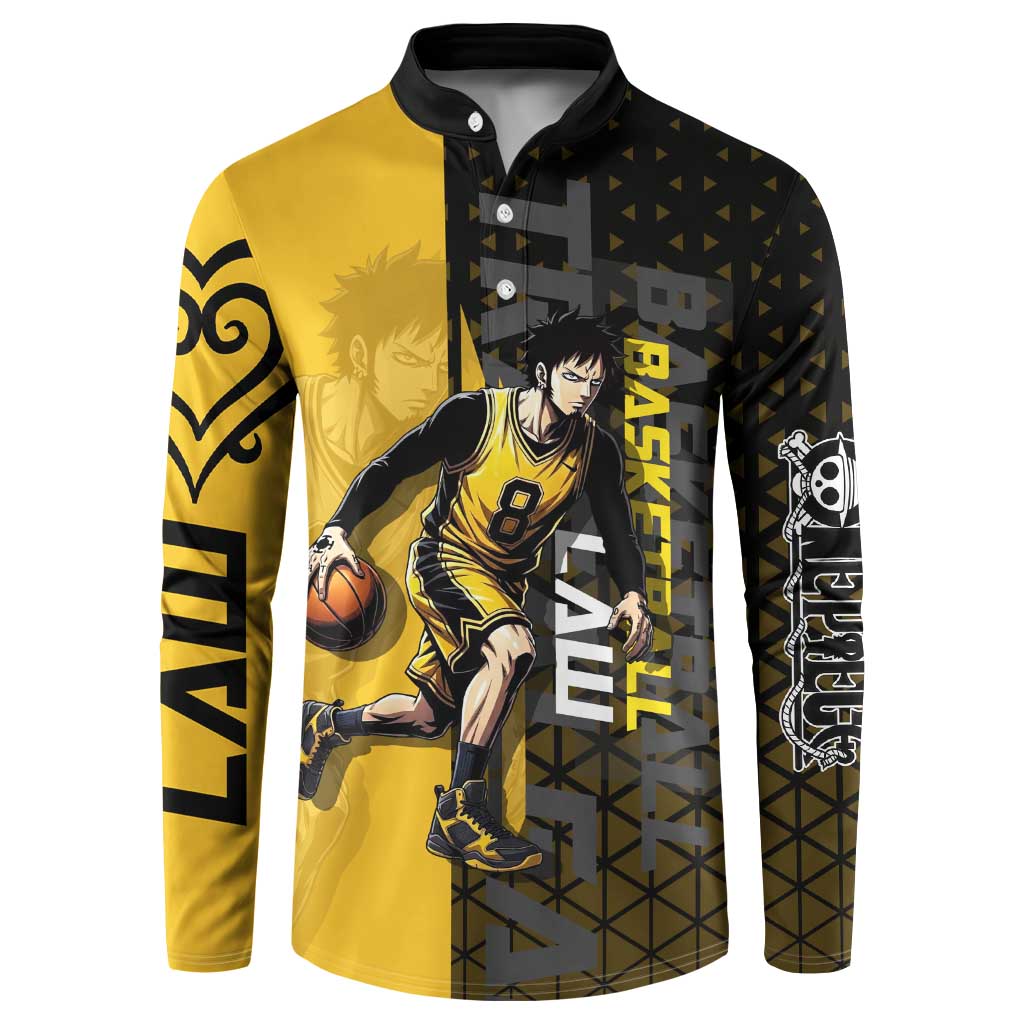 Trafalgar Law One Piece Basketball Theme Yellow and Black Design Button Sweatshirt with Heart Pirates Emblem and Action Pose - The Mazicc