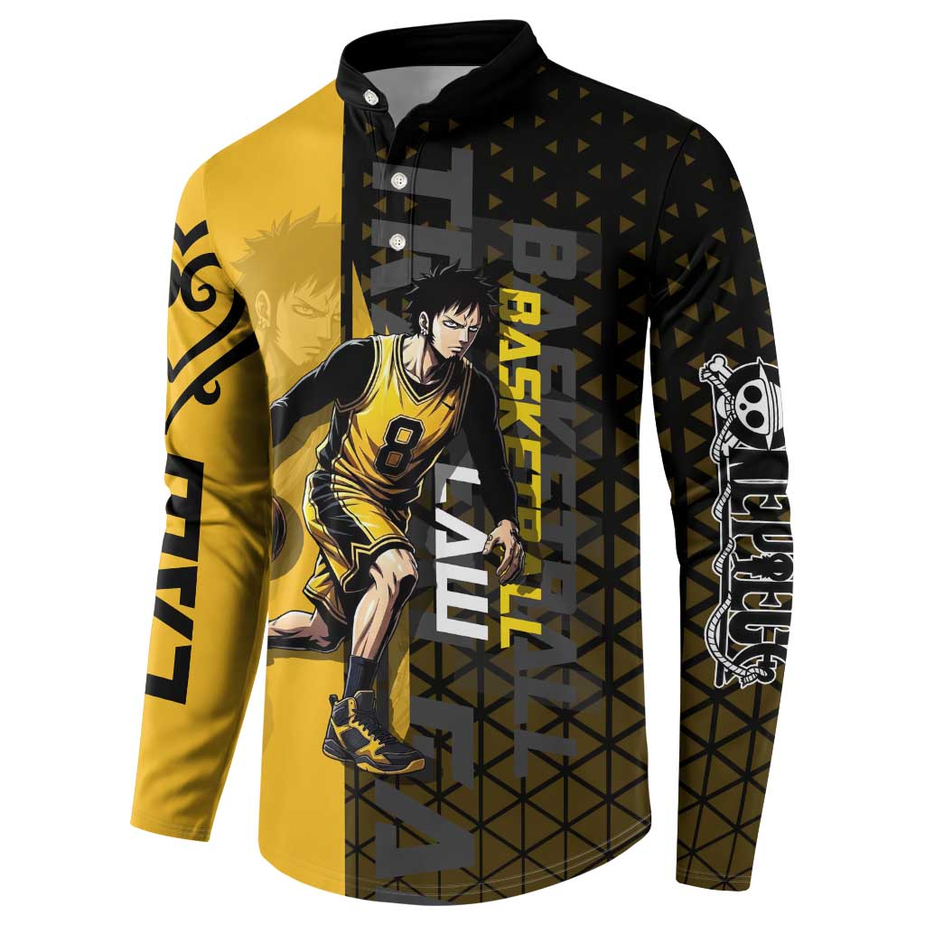 Trafalgar Law One Piece Basketball Theme Yellow and Black Design Button Sweatshirt with Heart Pirates Emblem and Action Pose - The Mazicc