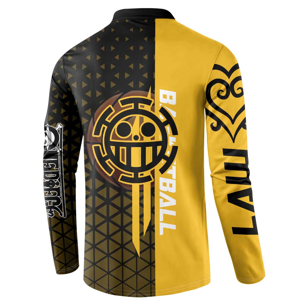 Trafalgar Law One Piece Basketball Theme Yellow and Black Design Button Sweatshirt with Heart Pirates Emblem and Action Pose - The Mazicc