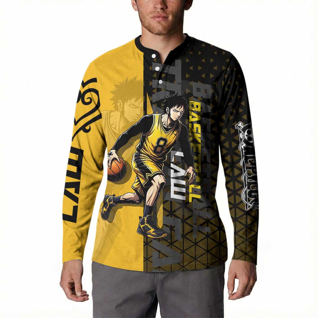 Trafalgar Law One Piece Basketball Theme Yellow and Black Design Button Sweatshirt with Heart Pirates Emblem and Action Pose - The Mazicc