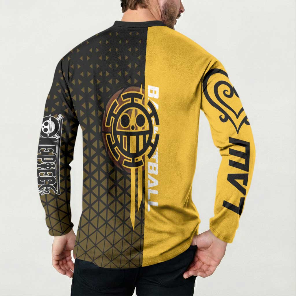 Trafalgar Law One Piece Basketball Theme Yellow and Black Design Button Sweatshirt with Heart Pirates Emblem and Action Pose - The Mazicc