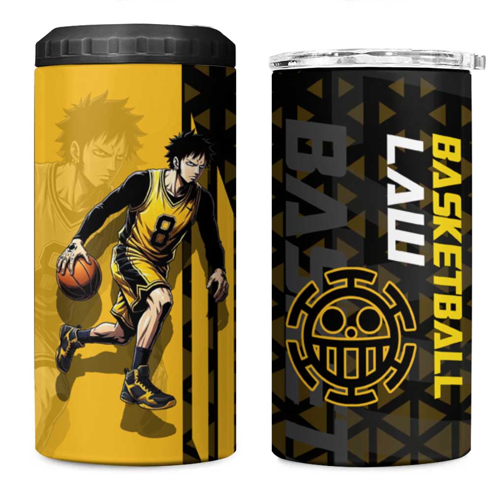 Trafalgar Law One Piece Basketball Theme Yellow and Black Design 4 in 1 Can Cooler Tumbler with Heart Pirates Emblem and Action Pose - The Mazicc