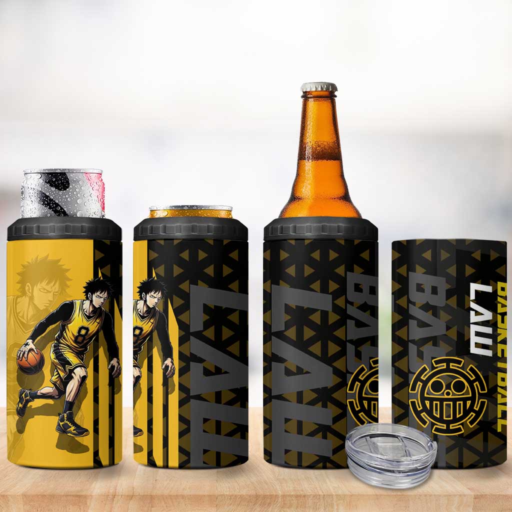 Trafalgar Law One Piece Basketball Theme Yellow and Black Design 4 in 1 Can Cooler Tumbler with Heart Pirates Emblem and Action Pose - The Mazicc