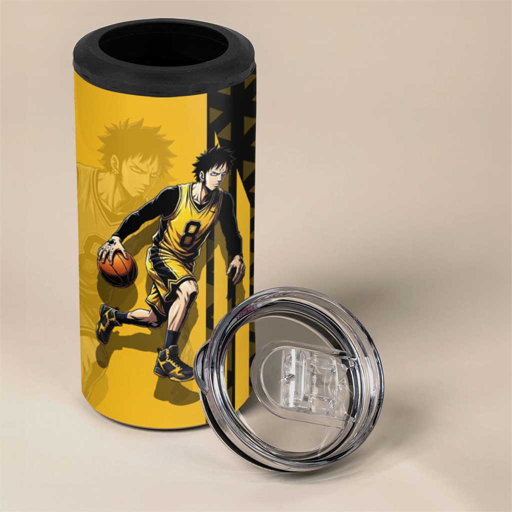 Trafalgar Law One Piece Basketball Theme Yellow and Black Design 4 in 1 Can Cooler Tumbler with Heart Pirates Emblem and Action Pose - The Mazicc