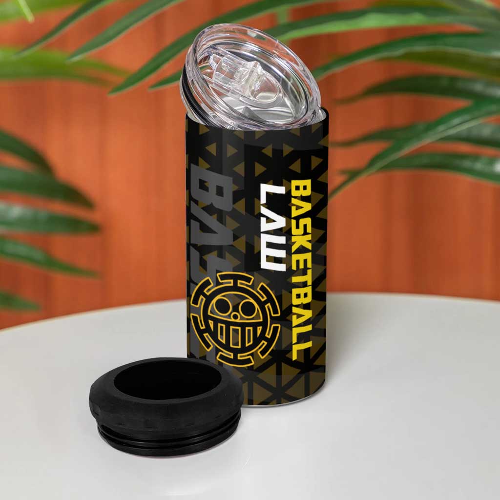 Trafalgar Law One Piece Basketball Theme Yellow and Black Design 4 in 1 Can Cooler Tumbler with Heart Pirates Emblem and Action Pose - The Mazicc
