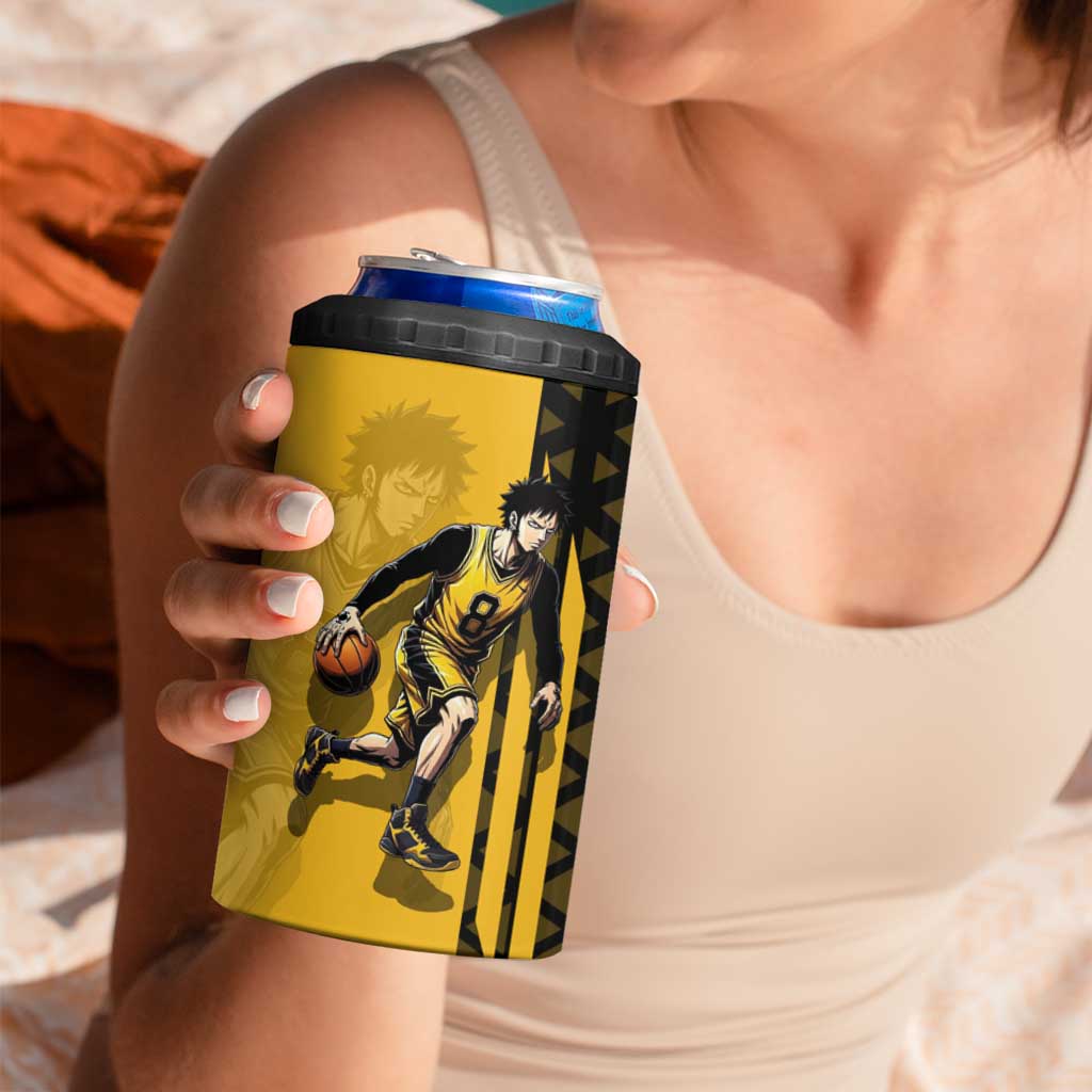 Trafalgar Law One Piece Basketball Theme Yellow and Black Design 4 in 1 Can Cooler Tumbler with Heart Pirates Emblem and Action Pose - The Mazicc