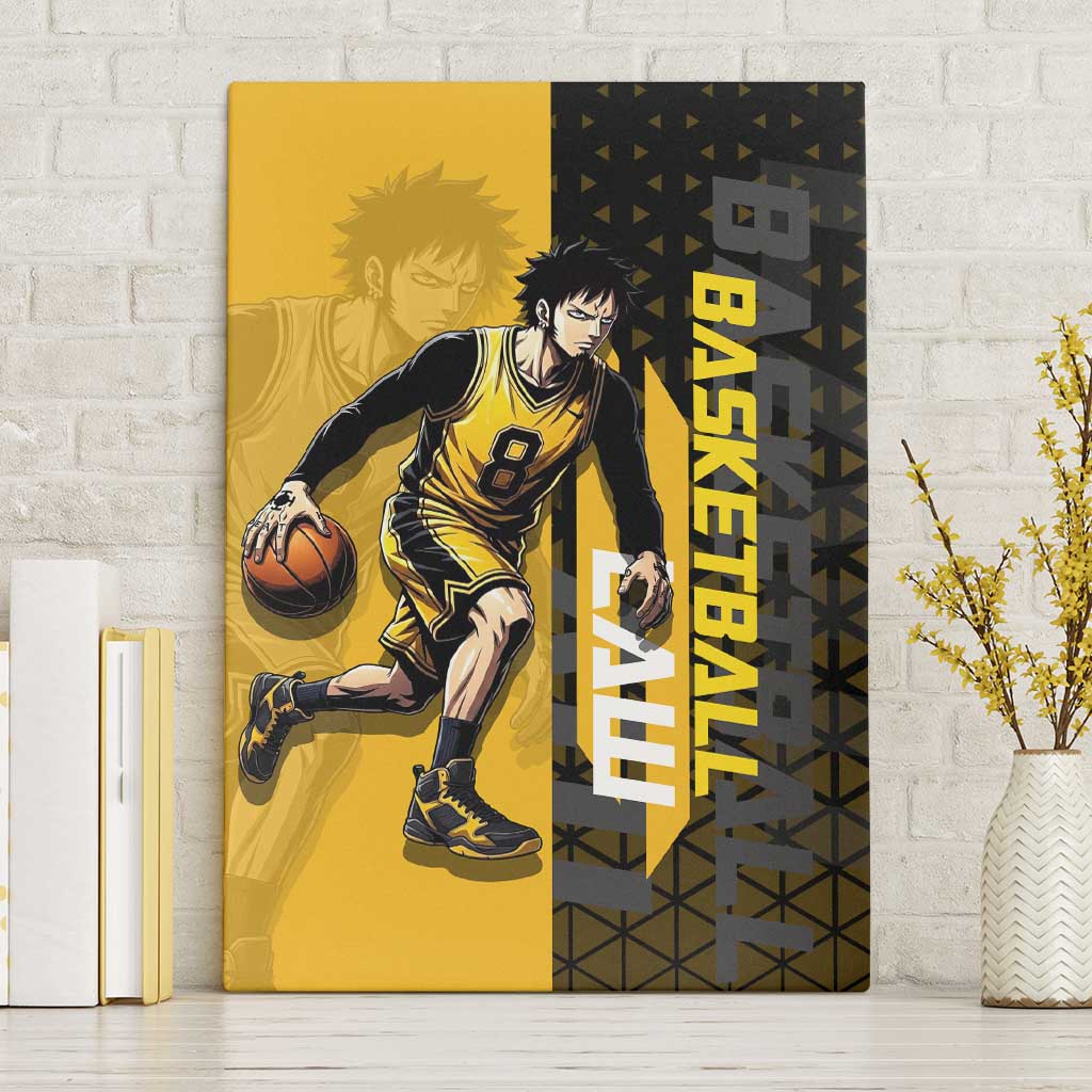 Trafalgar Law One Piece Basketball Theme Yellow and Black Design Canvas Wall Art with Heart Pirates Emblem and Action Pose - The Mazicc