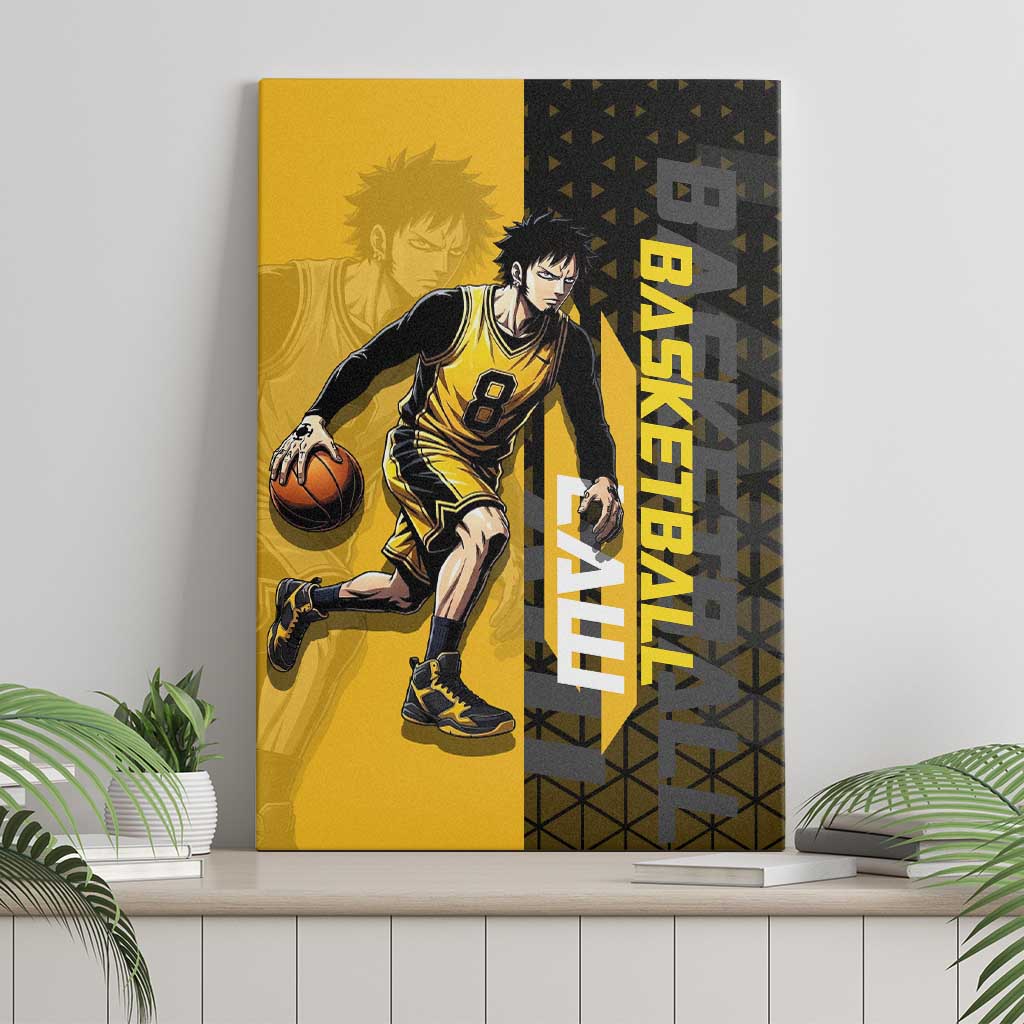 Trafalgar Law One Piece Basketball Theme Yellow and Black Design Canvas Wall Art with Heart Pirates Emblem and Action Pose - The Mazicc