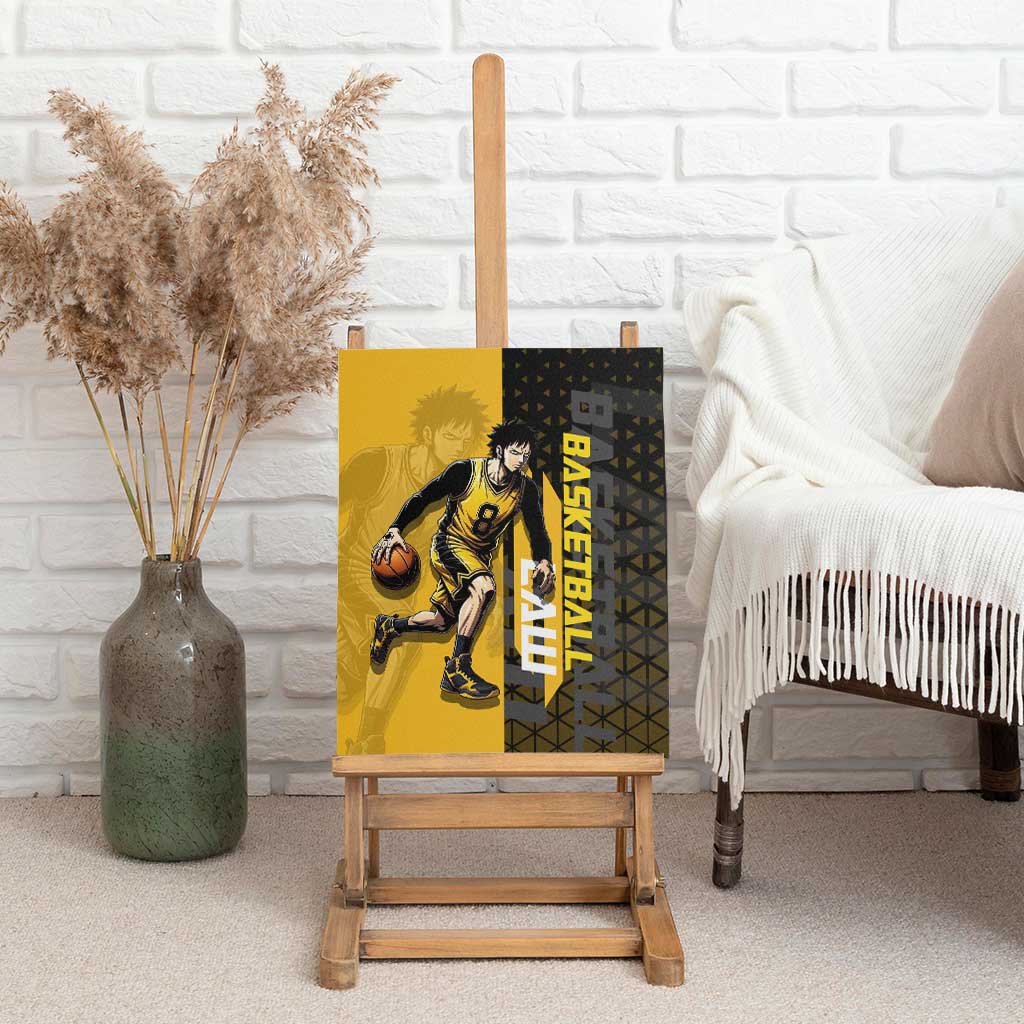 Trafalgar Law One Piece Basketball Theme Yellow and Black Design Canvas Wall Art with Heart Pirates Emblem and Action Pose - The Mazicc