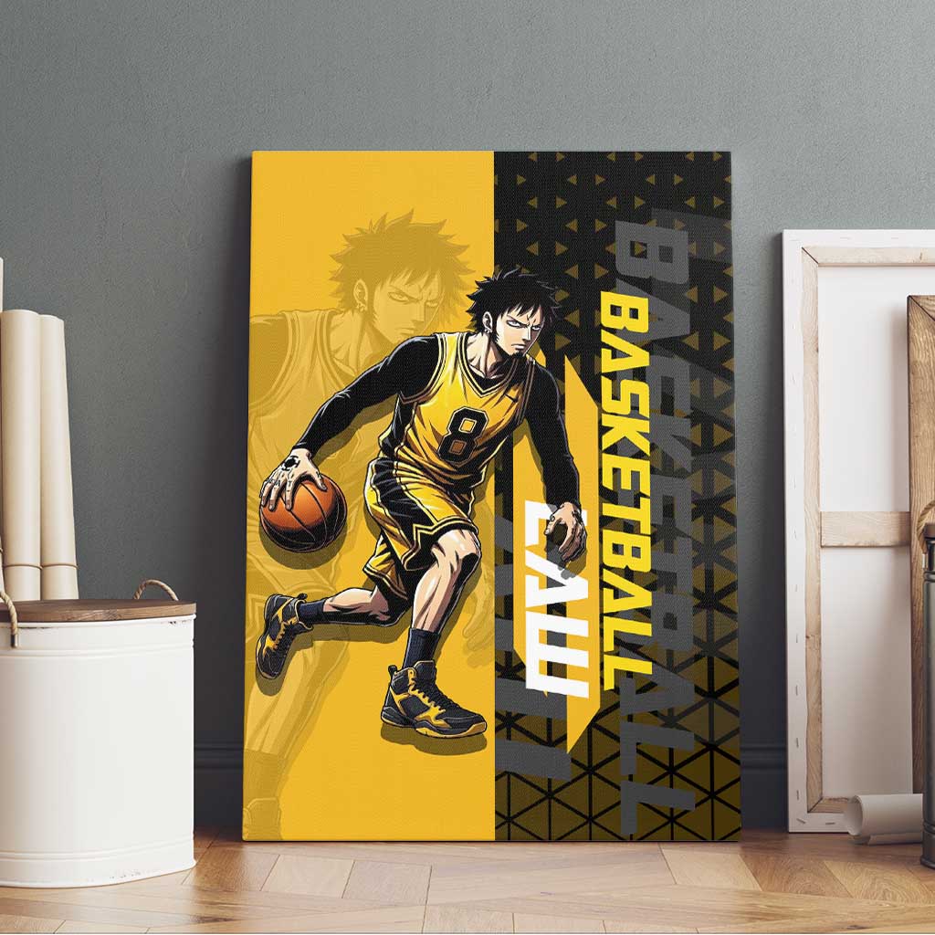 Trafalgar Law One Piece Basketball Theme Yellow and Black Design Canvas Wall Art with Heart Pirates Emblem and Action Pose - The Mazicc