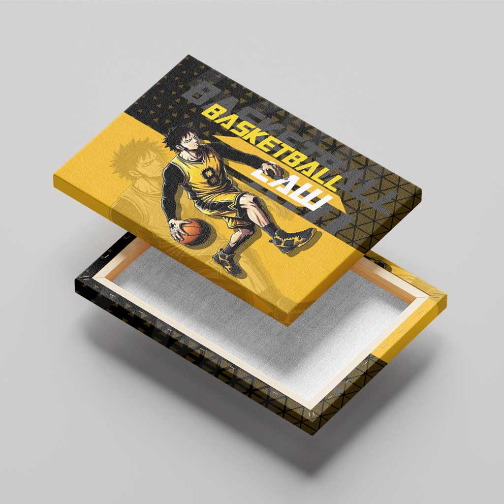 Trafalgar Law One Piece Basketball Theme Yellow and Black Design Canvas Wall Art with Heart Pirates Emblem and Action Pose - The Mazicc